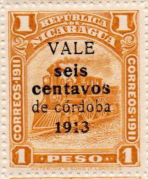 Nicaragua stamps 1913 surcharges Locomotive 6c / 1 Peso Large and small v in 'centavos'